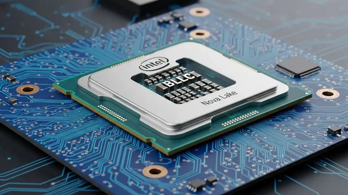 Vu d'artiste de ce que pourrait être une puce Nova Lake avec cache BLLC. ©Intel
