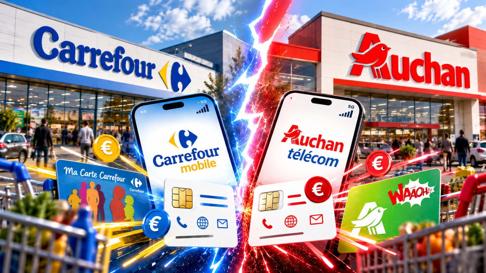Auchan Télécom et Carrefour Mobile s'affrontent désormais sur le terrain de la carte de fidélité. © Créée pour Clubic, avec l'aide de l'intelligence artificielle