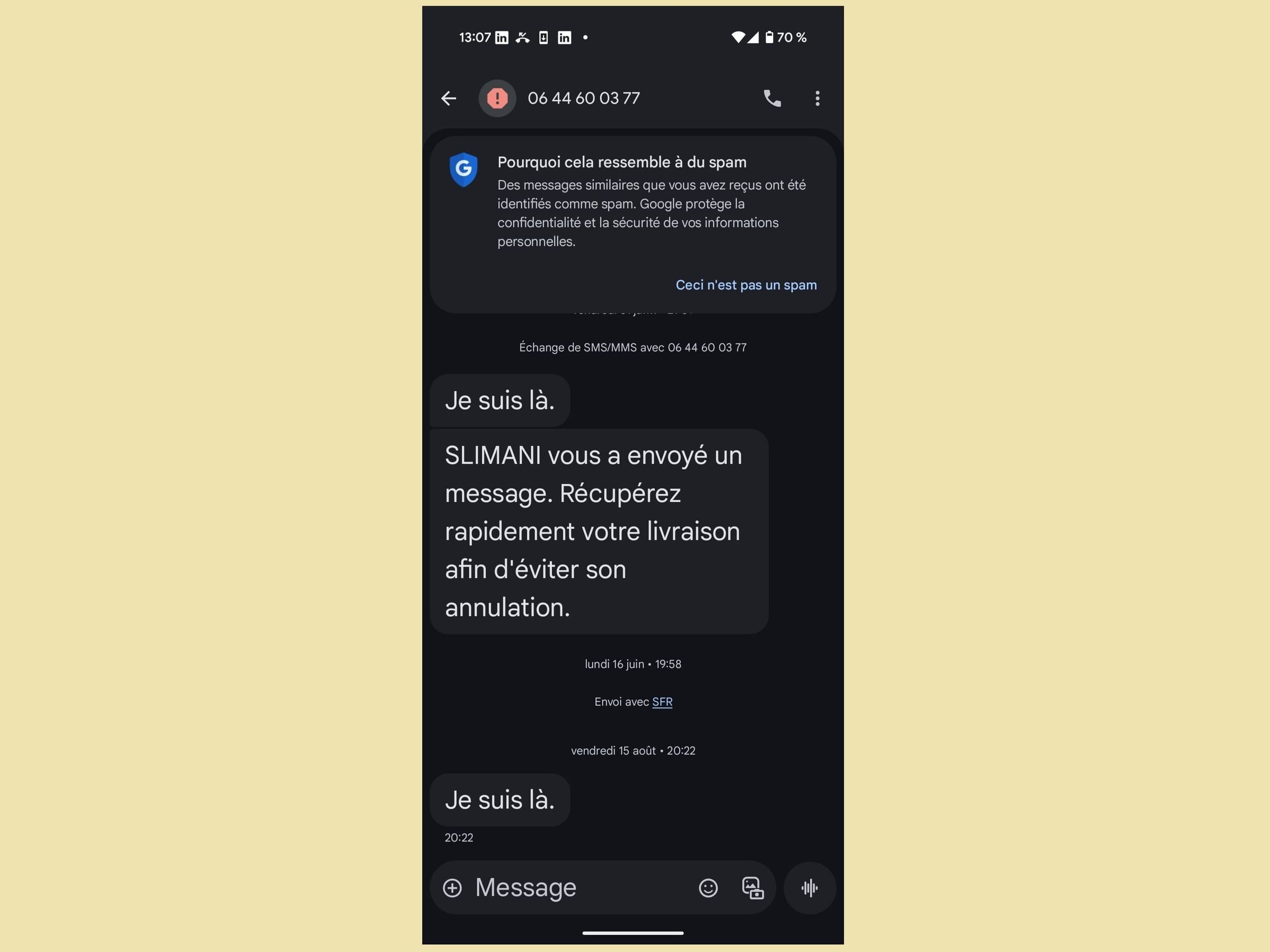 Voici le fameux SMS frauduleux © Alexandre Boero / Clubic