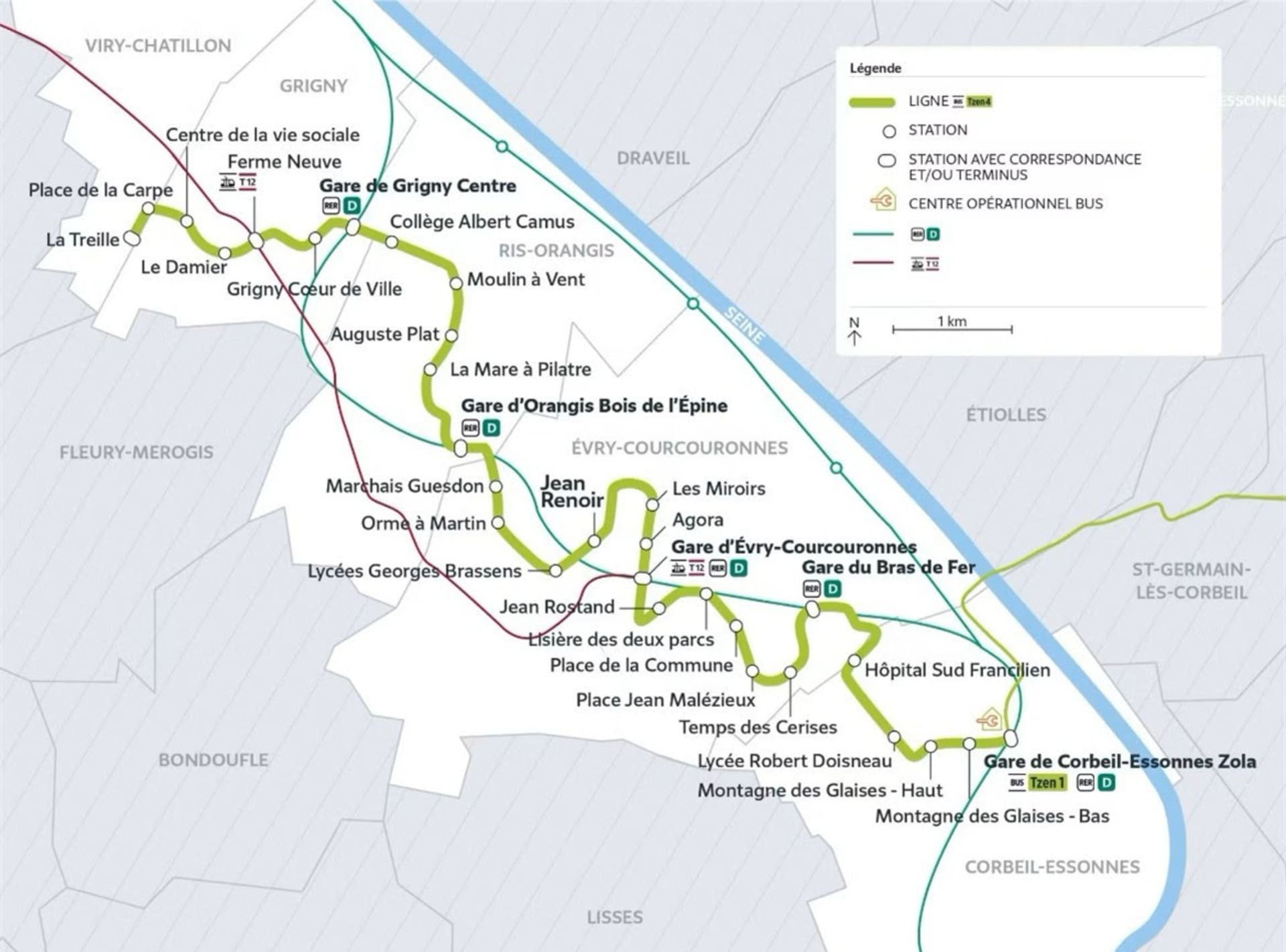 Plan du TZEN 4, la nouvelle ligne de bus 100% électrique. © Île-de-France Mobilités
