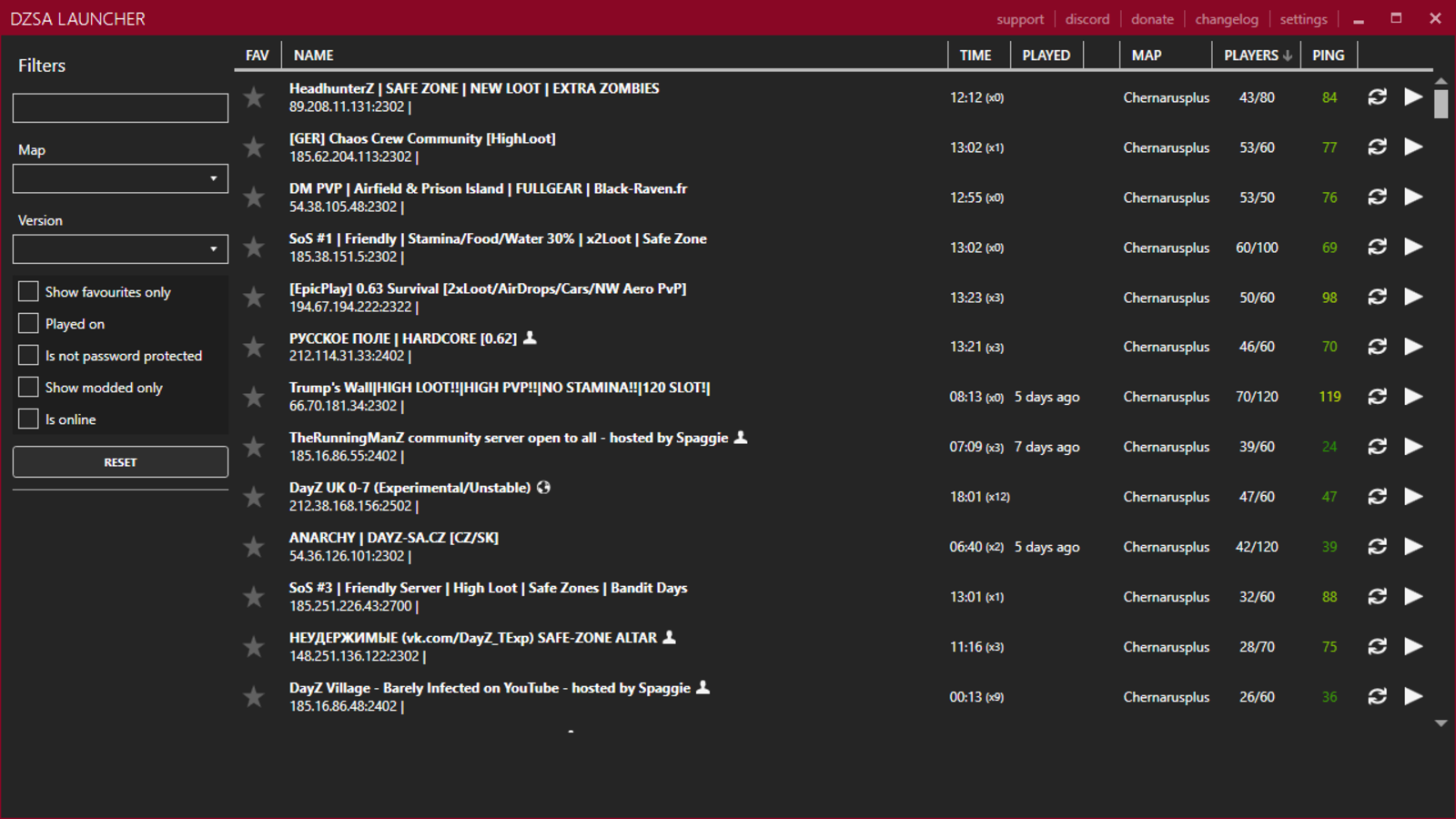 DayZ SA Launcher regroupe les serveurs DayZ dans une interface consacré à leur recherche. Vous pouvez consulter leur carte, leur nombre de joueurs et leur ping avant de rejoindre une partie. © Maca134