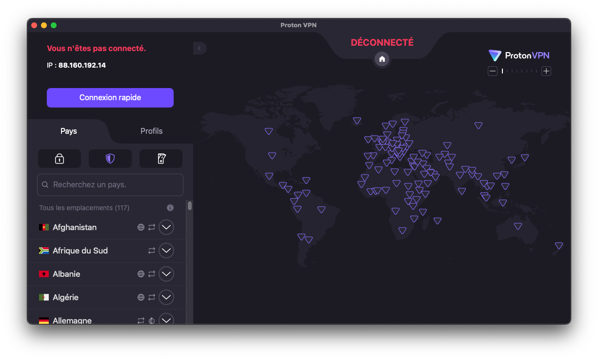 Avec Proton VPN, vous pouvez vus connecter dans 117 pays différents