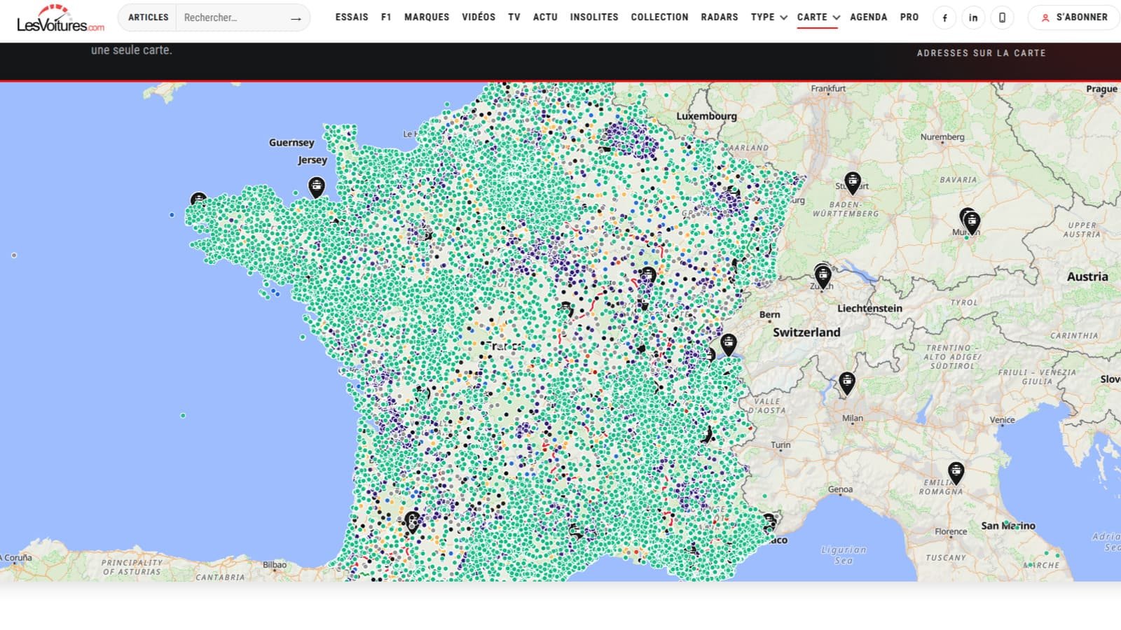 La carte de LesVoitures.fr, mise à jour toutes les heures, aide les automobilistes à repérer les manifestations et blocages annoncés pour le 24 octobre. © Capture d'écran Alexandre Boero / Clubic