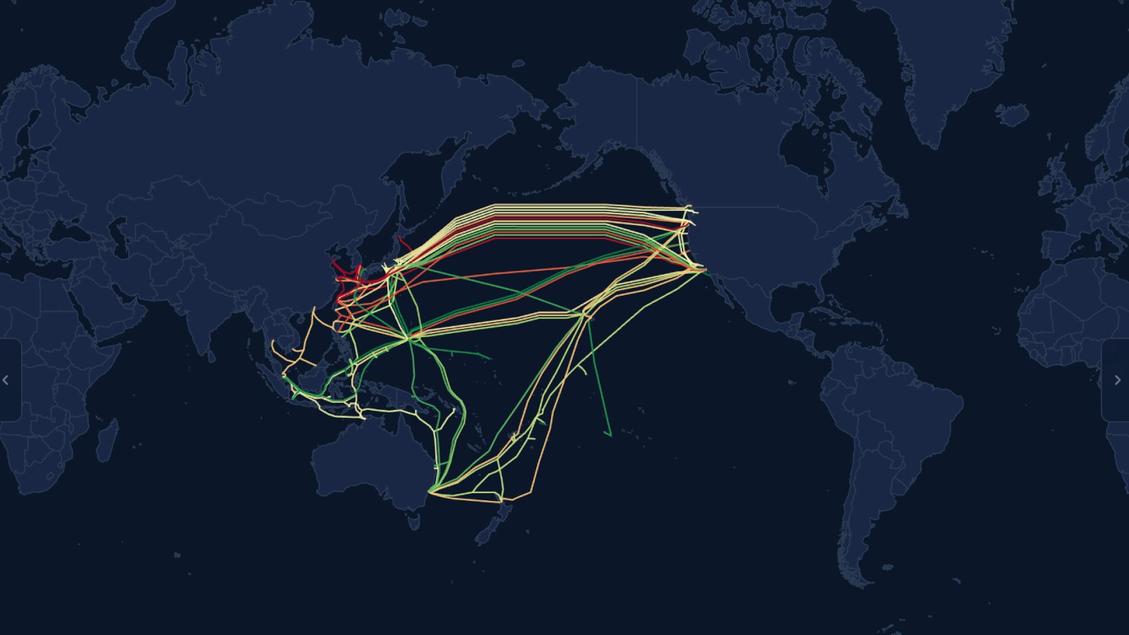 Les câbles sous-marins transpacifiques, classés par couleur en fonction du risque de sabotage et des tactiques de « zone grise » employées par la Chine. Le rouge indique le risque le plus élevé, tandis que le vert signal le risque le plus faible. ©China Strategic Risks Institute