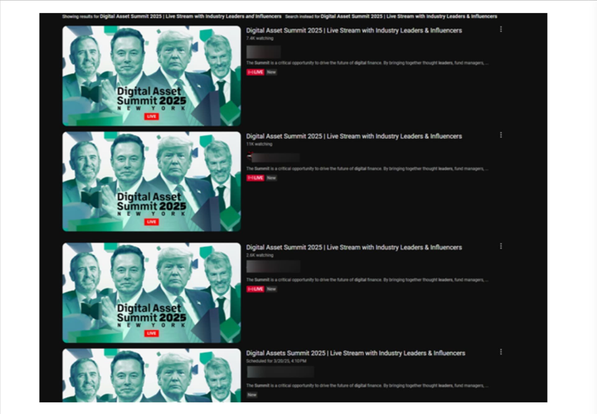 Un exemple des faux lives organisés sur YouTube par les hackers. © Bitdefender