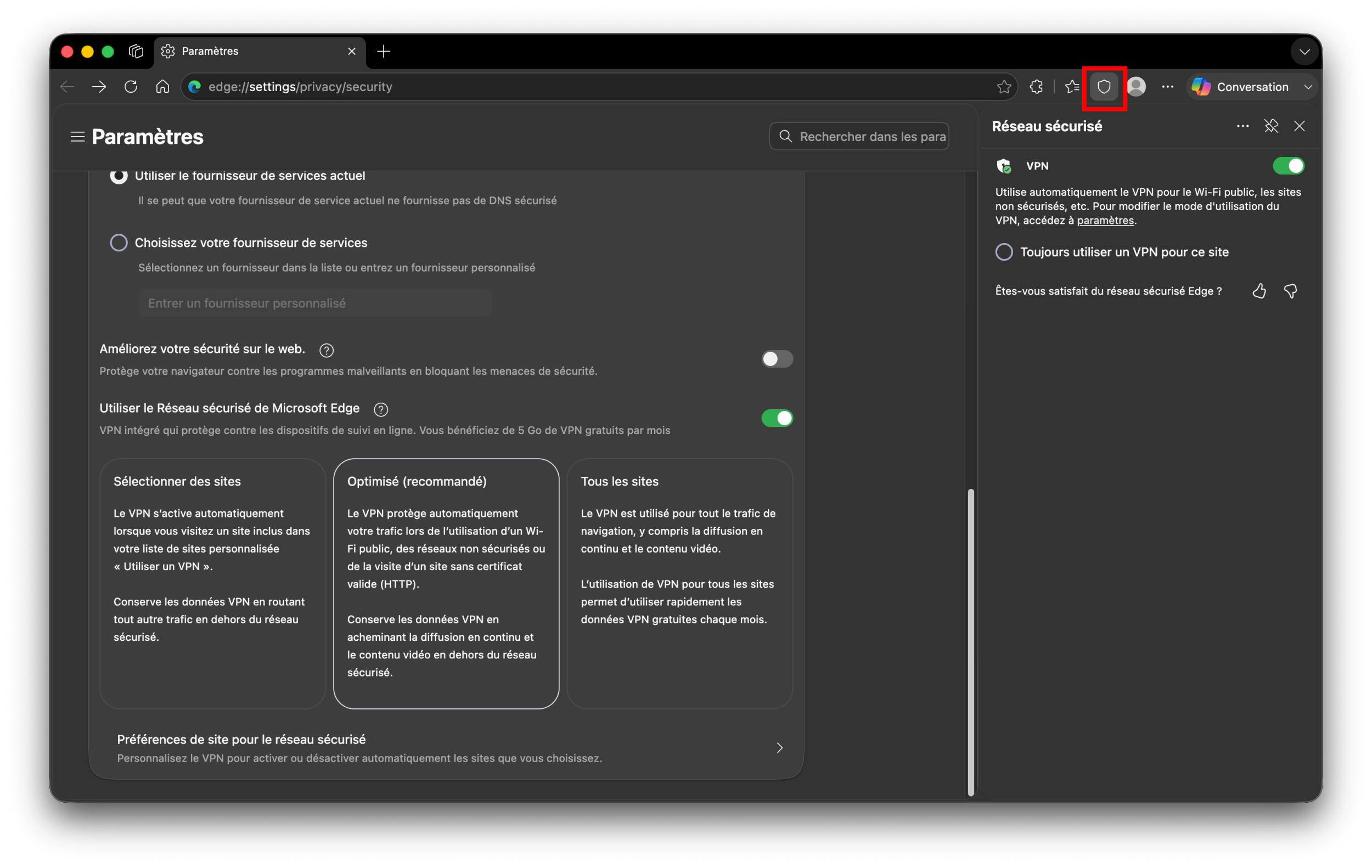 Cliquez sur l'icône du bouclier pour contrôler l'état du VPN de Microsoft Edge. © Clubic