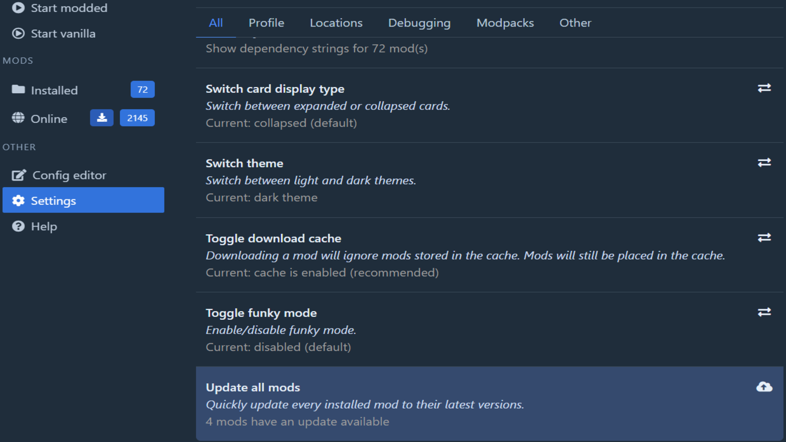R2ModMan permet de gérer ses mods depuis une interface claire, avec des réglages accessibles en quelques clics. La section Settings centralise les options essentielles, dont le thème, le cache et la mise à jour des mods. © ebkr