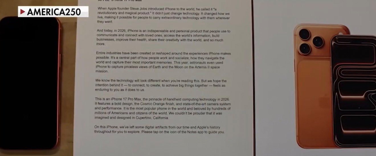 Dans le livre qui accompagne la capsule, un mot pour expliquer que l'iPhone 17 Pro Max est « le pinnacle de la technologie mobile en 2026 »©Fox News