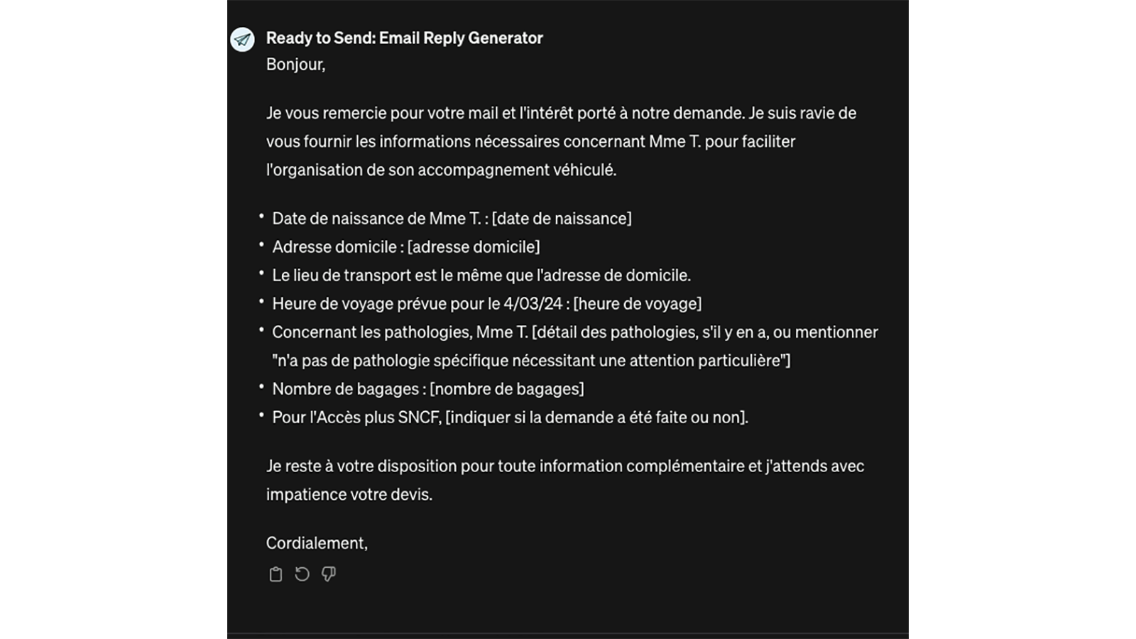 GPT Ready to Send, réponse générée © Pascale Duc pour Clubic