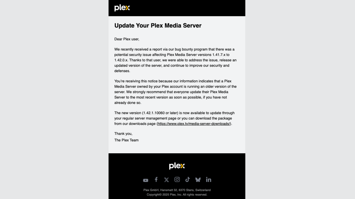 Voilà le mail que les utilisateurs et utilisatrices de Plex ont pu recevoir pour les inciter à mettre à jour Plex Media Server vers la denrière version. © Chloé Claessens / Clubic