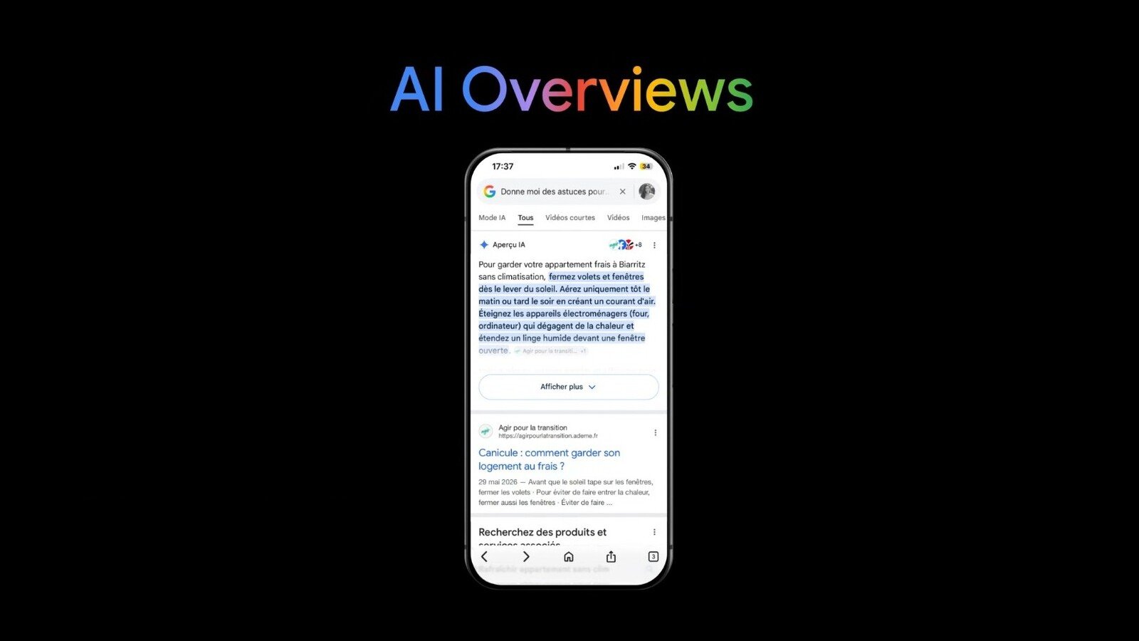 Sur mobile, AI Overviews affiche un résumé généré par l'IA directement en haut des résultats de recherche, accompagné de liens vers les sources utilisées. © Google / Clubic