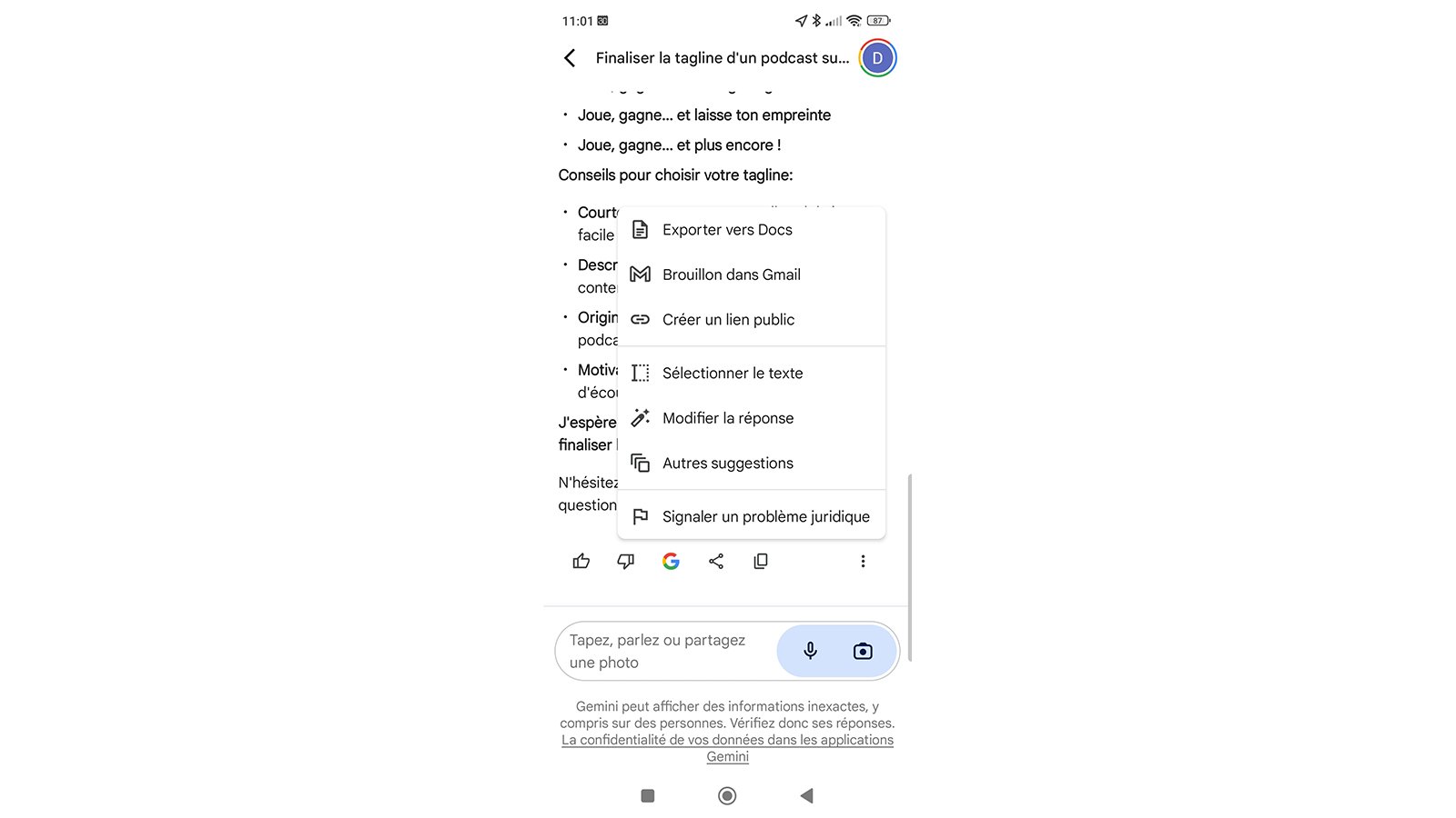 Menu contextuel Gemini mobile © Pascale Duc pour Clubic