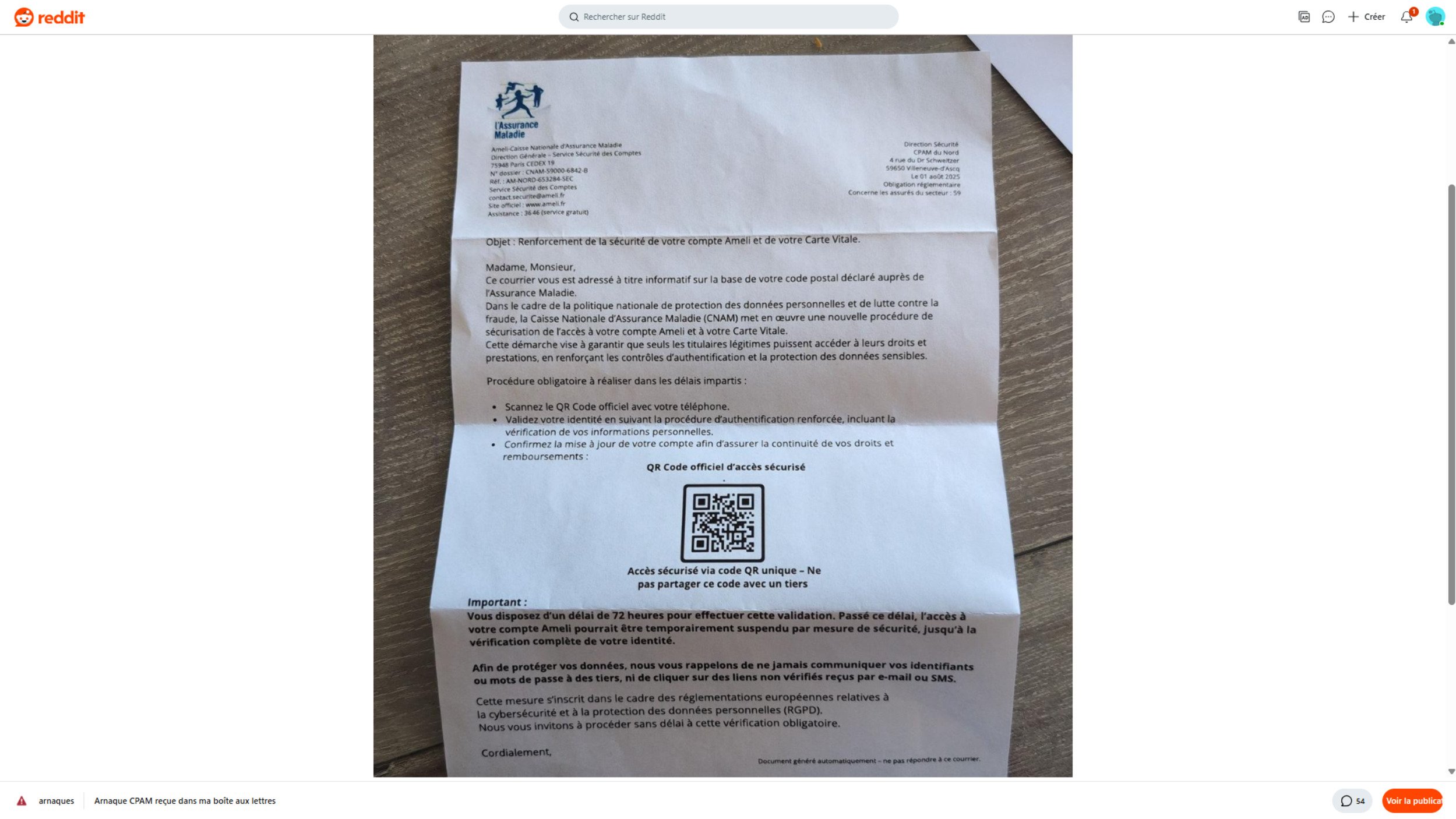 Voici le courrier frauduleux de l'Assurance maladie © Reddit