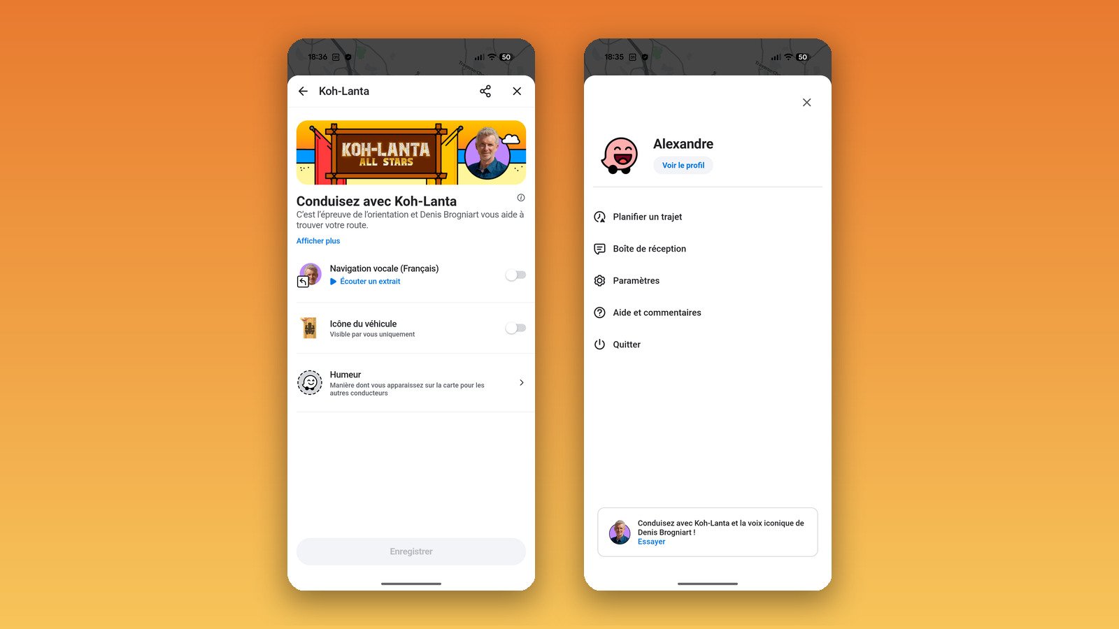 Avant activation, l'expérience "Conduisez avec Koh-Lanta" reste accessible depuis le menu profil de Waze, où elle est mise en avant auprès des utilisateurs. © Alexandre Boero / Clubic