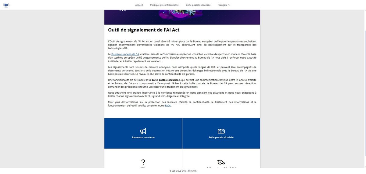 Voici un aperçu de l'outil de signalement de l'AI Act © Capture d'écran Alexandre Boero / Clubic