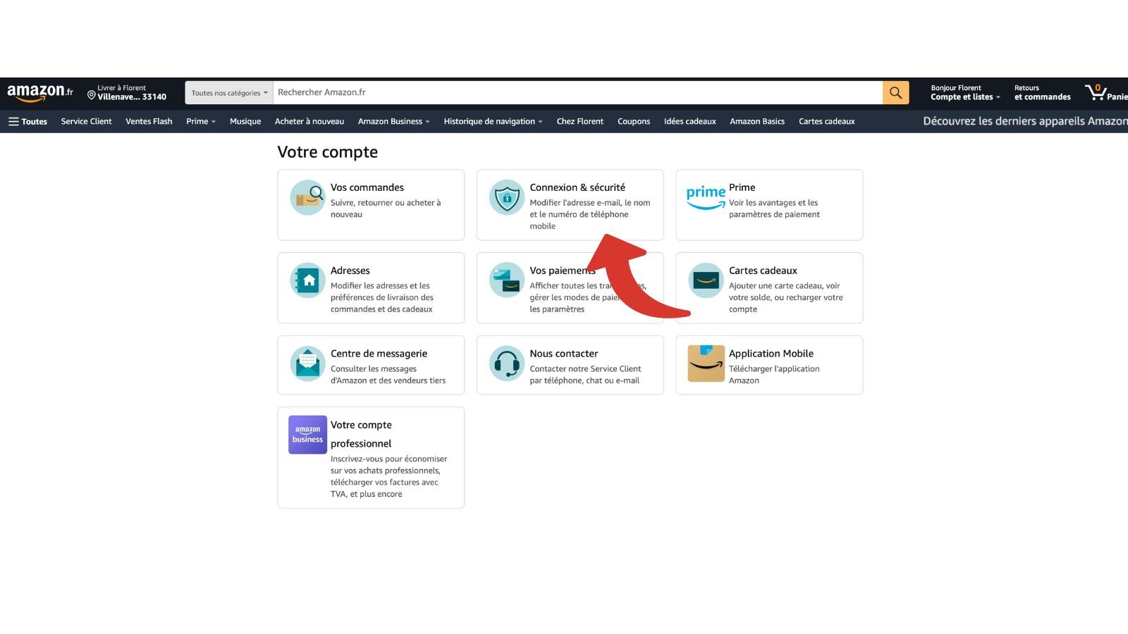 Accès aux paramètres de connexion d'un compte Amazon