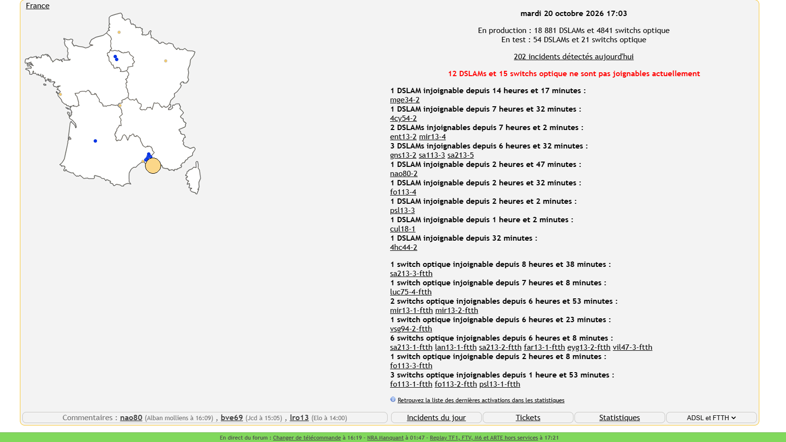 La carte de free-reseau.fr, ce mardi à 17h03 : sur 27 équipements Free injoignables en France, l’essentiel se concentre dans les Bouches-du-Rhône. © Capture d'écran Alexandre Boero / Clubic