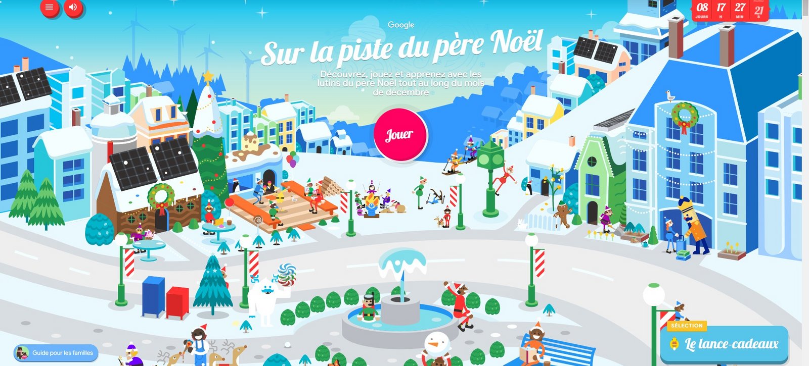 À gauche, le lance-cadeaux, l'un des nombreux jeux proposés sur la page spéciale Noël de Google, que vous retrouvez à droite © Capture d'écran Clubic / Google