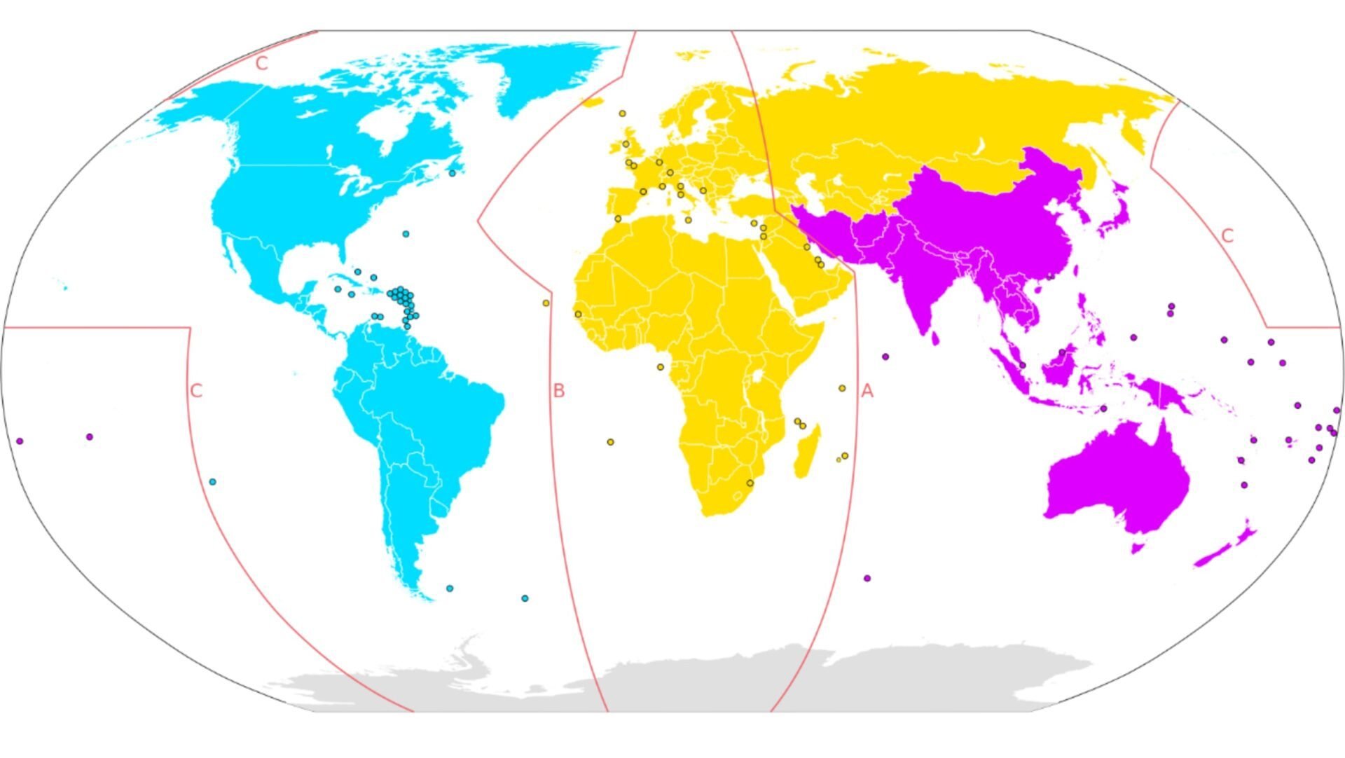 L'Union Internationale des Télécommunications (UIT) divise le monde en trois régions, chacune d'entre elles dispose de son propre ensemble d'attributions de fréquences. © Maximilian Dörrbecker