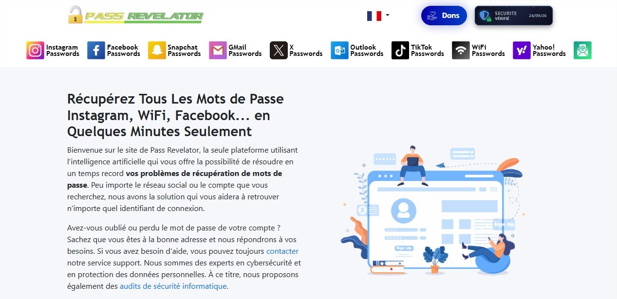 ass Revelator présente PASS FINDER comme un outil de récupération de mots de passe Facebook et Messenger reposant sur l’intelligence artificielle. Le service affirme pouvoir retrouver des identifiants en quelques minutes, quelle que soit leur complexité. © Lifee