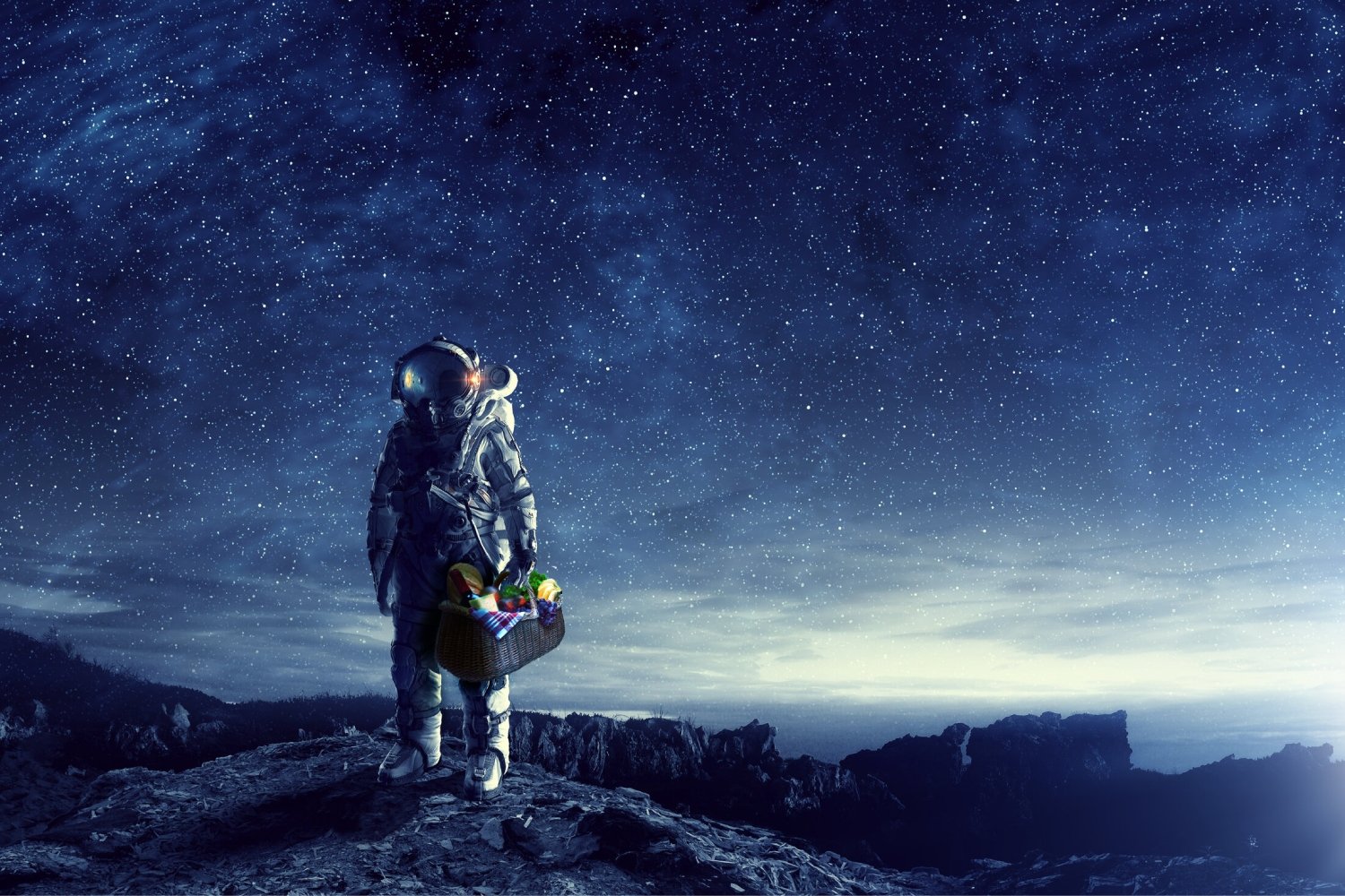 Illustration d'un astronaute sur Mars avec un panier de nourriture. ©Deep Space Food / NASA