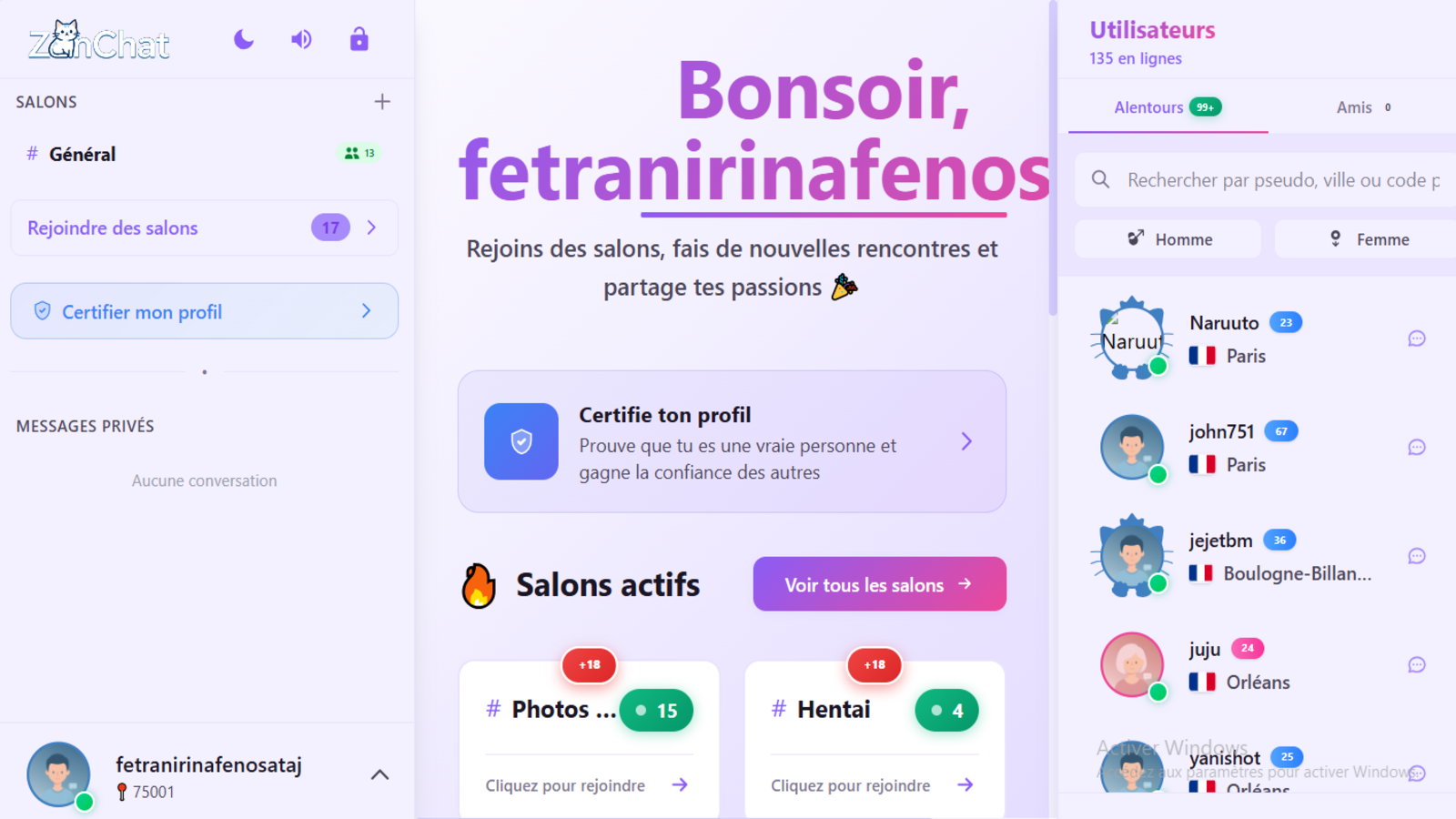 ZonChat offre une interface claire et bien organisée, où vous retrouvez d’un coup d’œil les salons actifs, les profils en ligne et les échanges privés. Vous pouvez repérer rapidement des utilisateurs près de chez vous, rejoindre une discussion et gérer votre profil sans vous perdre dans des menus inutiles. © ZonChat