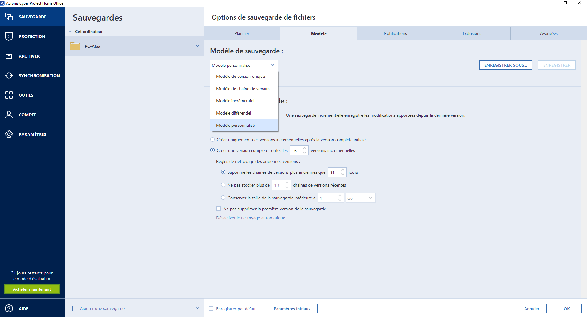 Interface de sauvegarde Acronis Cyber Protect Home Office