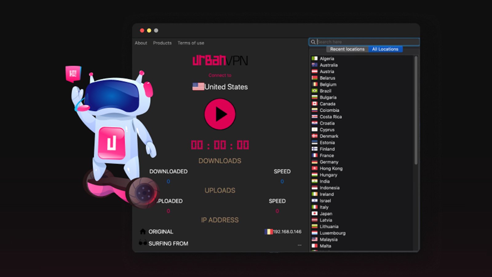Interface d’Urban VPN sur desktop, avec une sélection du pays de connexion et l’affichage en temps réel de l’adresse IP, des téléchargements et du débit. © Urban VPN