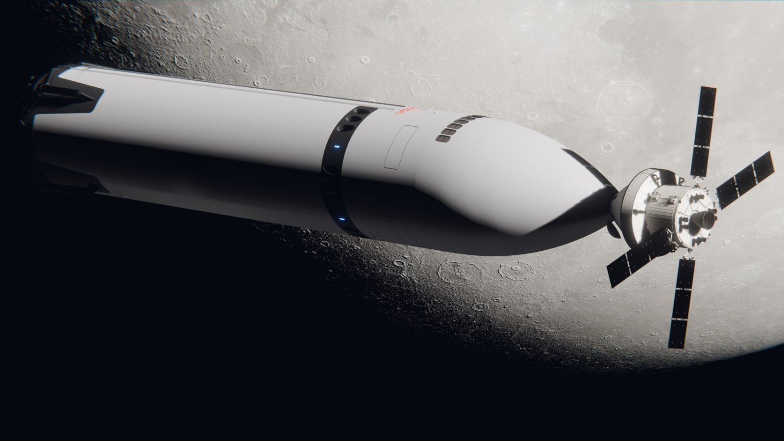 Vue d'artiste de Starship en orbite lunaire, arrimée à Orion. D'après les nouveaux plans de la NASA, cette étape se fera désormais en orbite terrestre. ©SpaceX