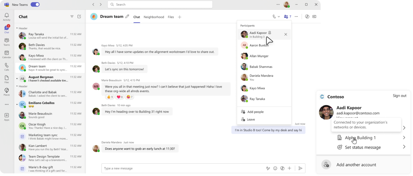 Teams pourra indiquer automatiquement le bâtiment où se trouve un salarié lorsqu’il se connecte au Wi-Fi configuré de son entreprise. © Microsoft