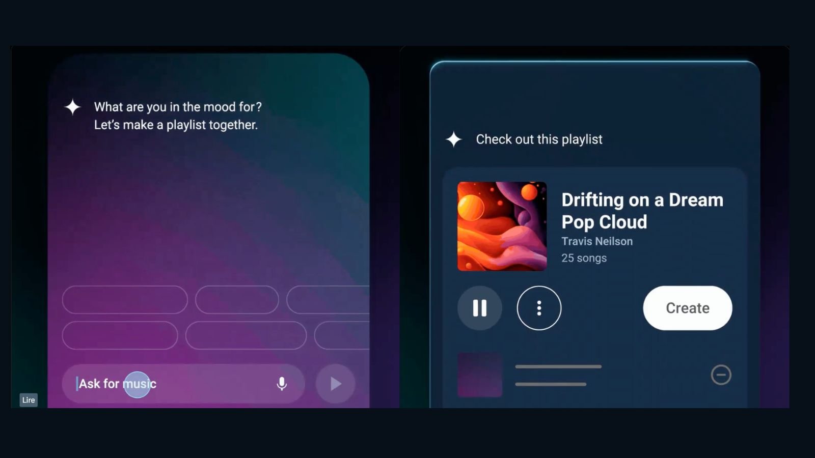 Dites à l'IA ce que vous souhaitez écouter pour générer la playlist de vos rêves. ©Google / YouTube Music