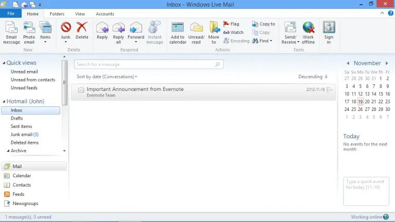 Interface de la messagerie Windows Live Mail © Microsoft / Betawiki