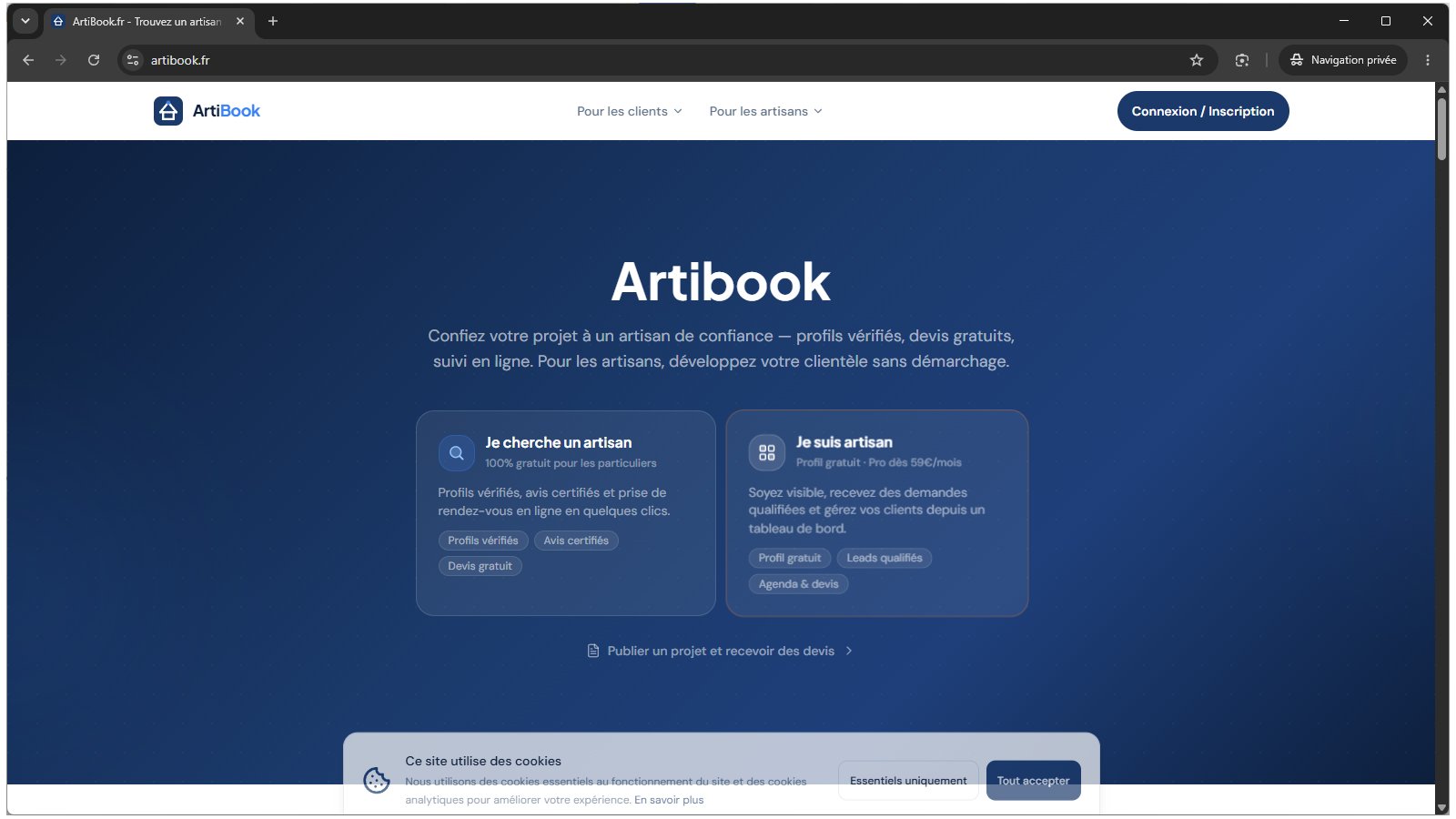 ArtiBook permet de trouver, comparer et contacter gratuitement des artisans qualifiés près de chez vous, avec devis et suivi du projet depuis une seule plateforme - © Artibook
