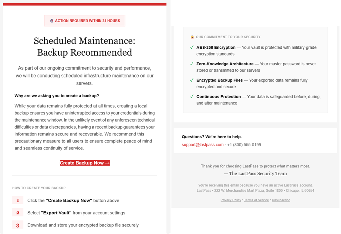 Les mails frauduleux repérés par LastPass imitent les communications officielles du service et renvoient vers des pages web malveillantes destinées à siphonner les identifiants de leurs victimes. © LastPass