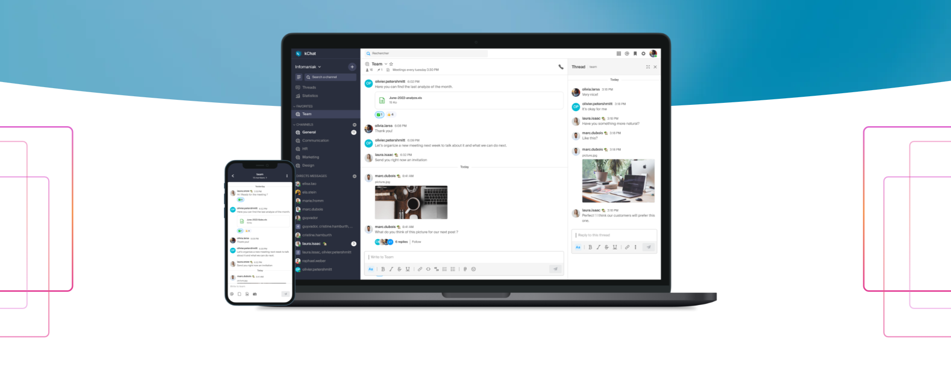 Vue mobile et Desktop de la messagerie kChat © Infomaniak