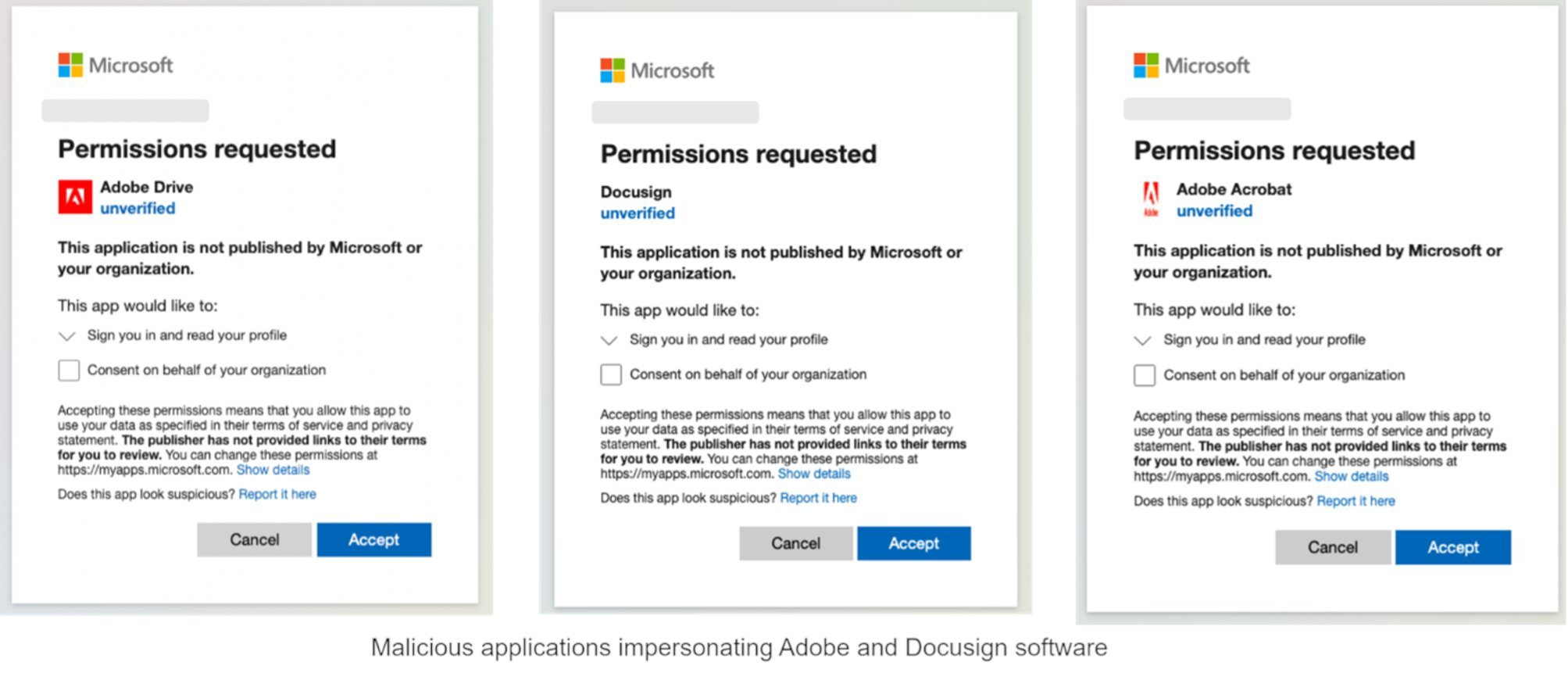 Les applis OAuth frauduleuses usurpent l'identité des services Adobe et DocuSign, mais l'absence de vérification de l'éditeur doit vous mettre la puce à l'oreille © Proofpoint