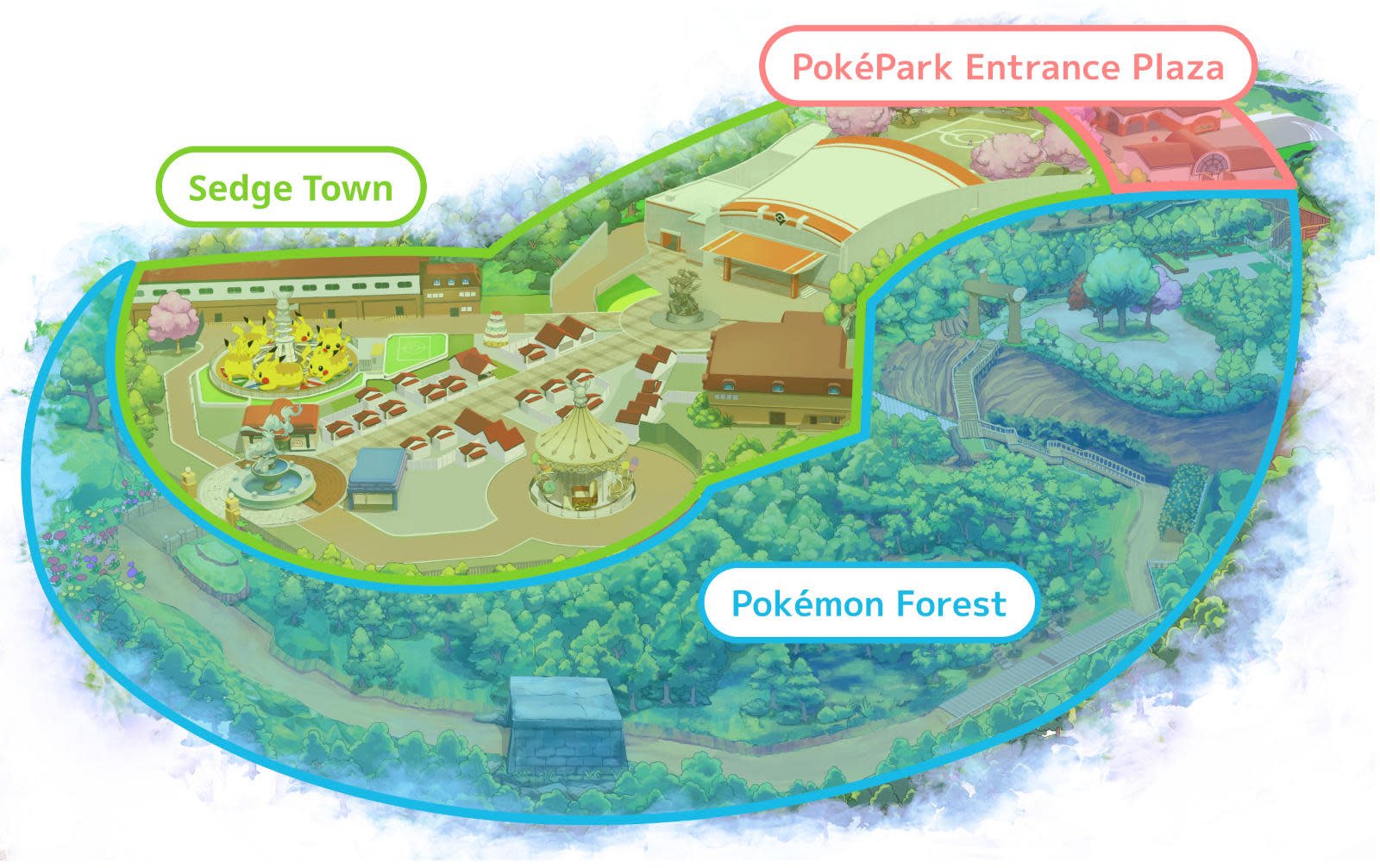 Une vue de haut stylisée du parc. © The Pokemon Company