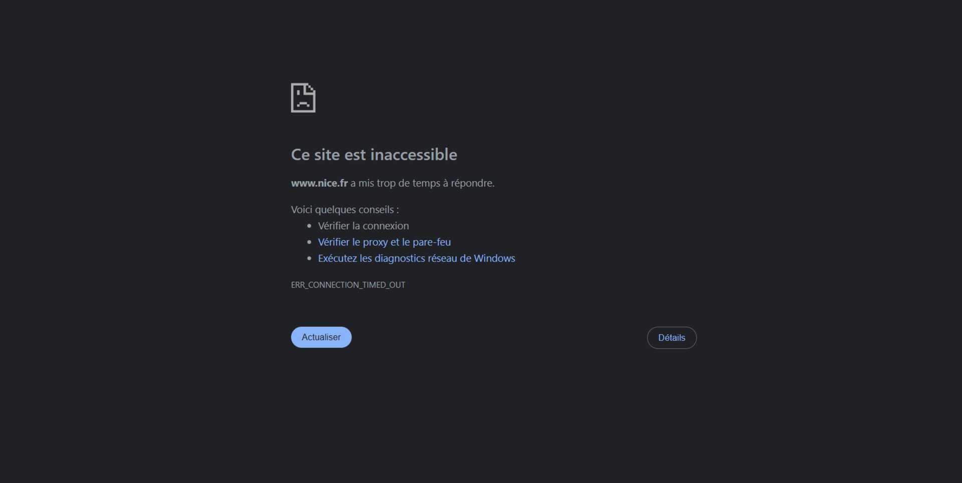 Capture d'écran du site officiel de la ville de Nice, mardi matin © Alexandre Boero / Clubic