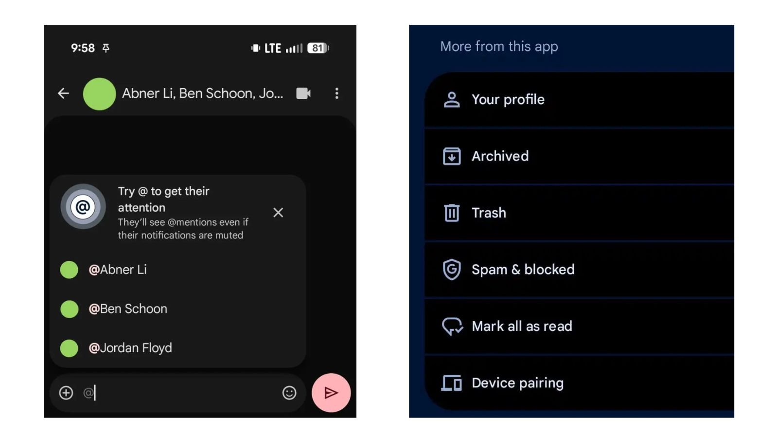 Les mentions et la Corbeille enfin déployées dans Google Messages. ©Google