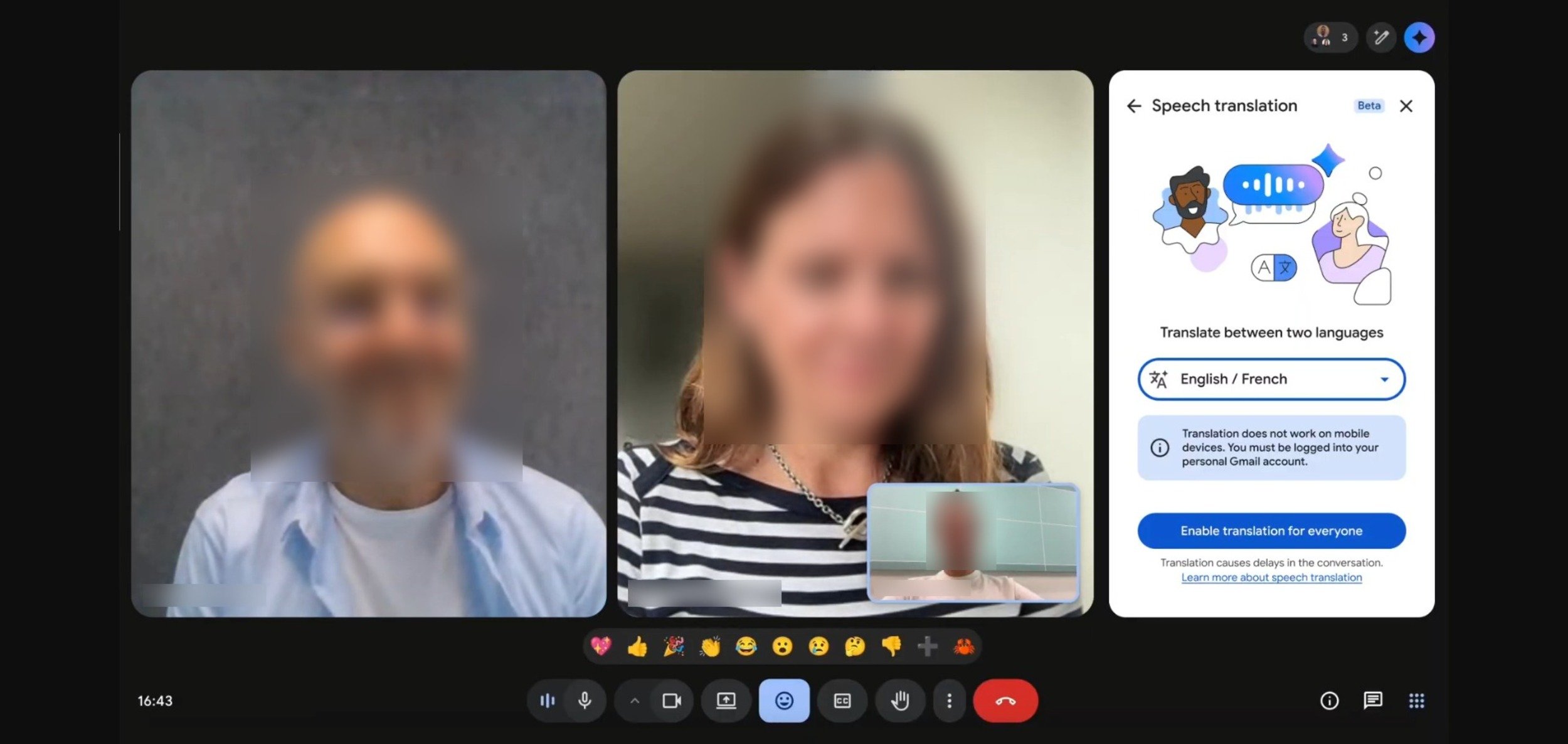 Ici, on choisit les deux langues phares de la visioconférence © Google pour Clubic