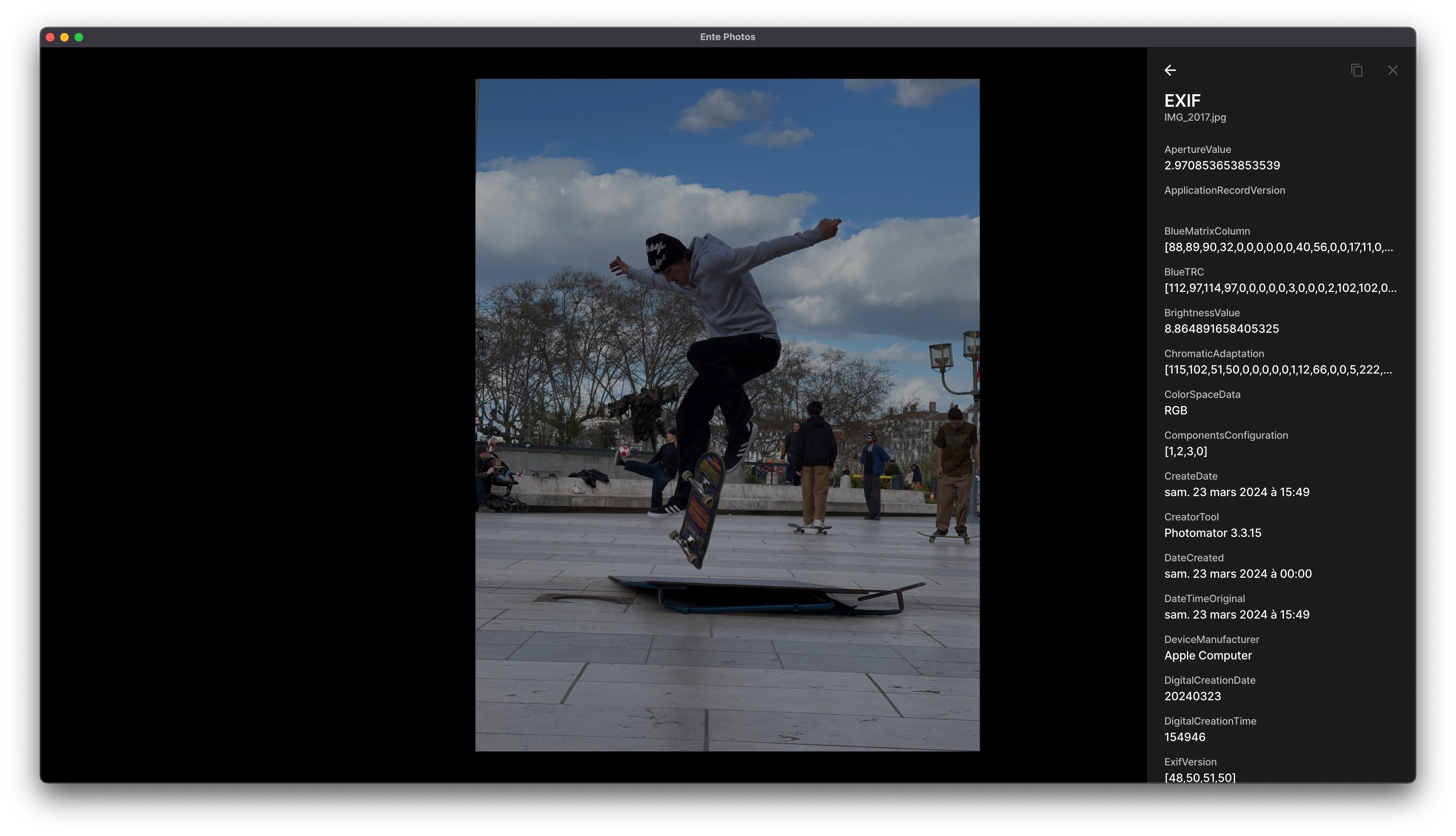 Exemple de métadonnées EXIF dans un logiciel de retouche. © Clubic