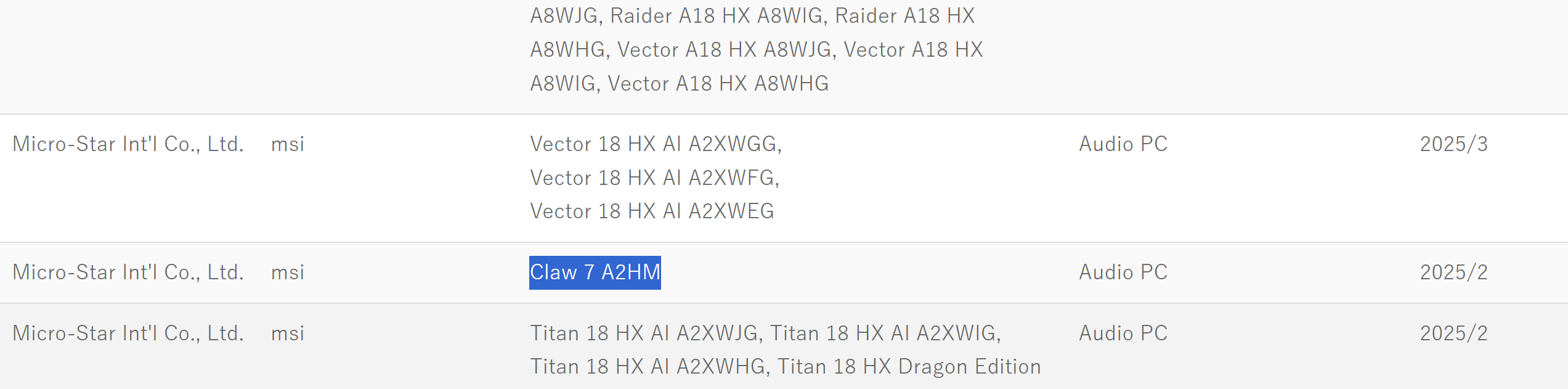 La référence Claw 7 A2HM apparaît sur le site même de MSI. ©VideoCardz