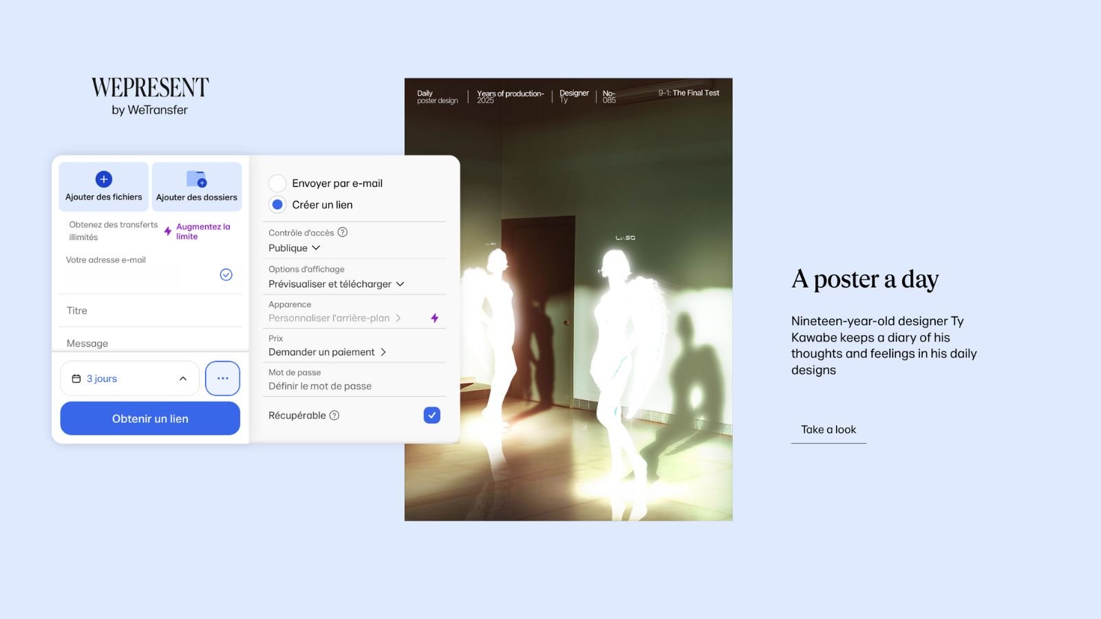 Envoyez vos fichiers via un email ou un lien. ©WeTransfer