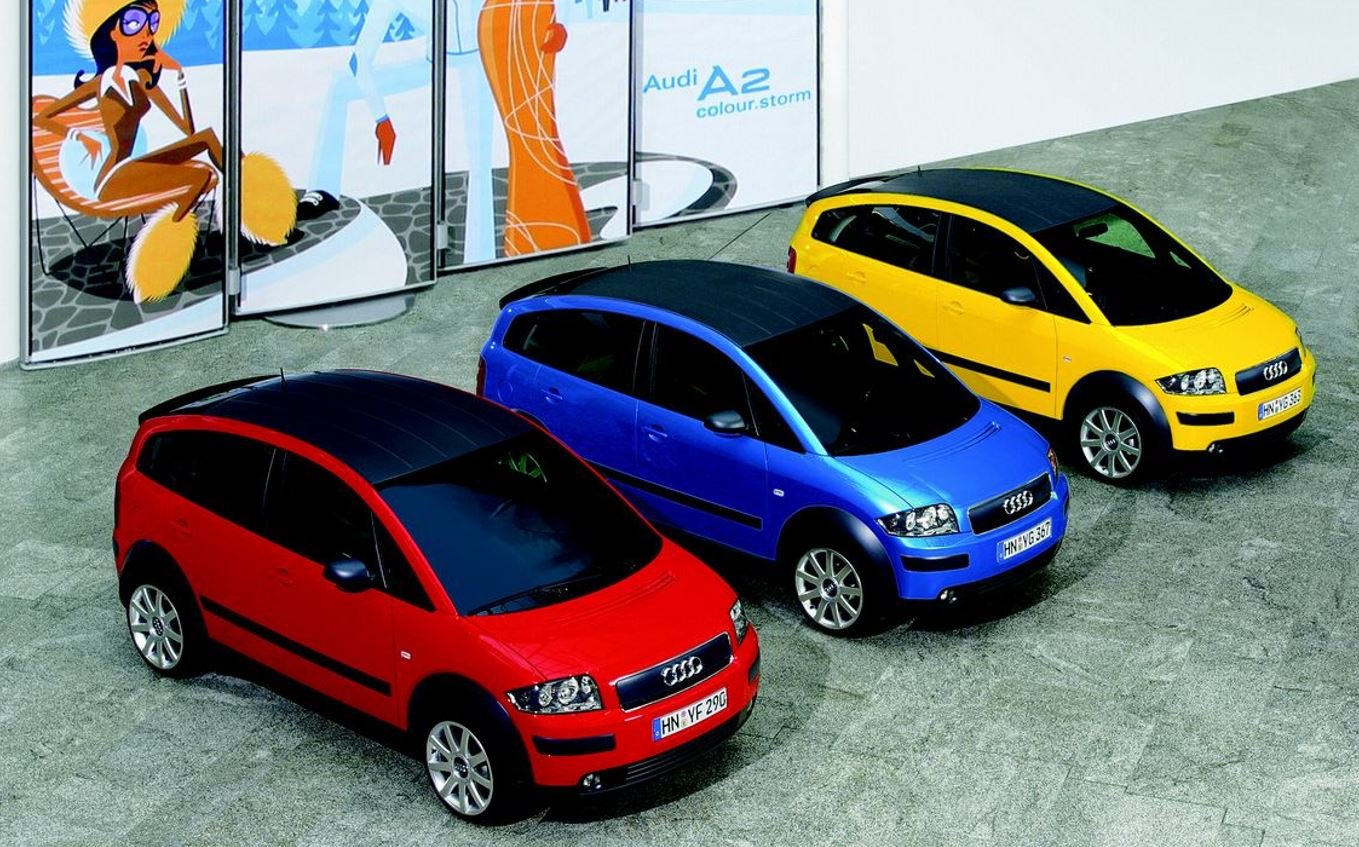 Une triplette d'Audi A2, dont la production a débuté en 2000 pour se conclure en 2005. ©Audi