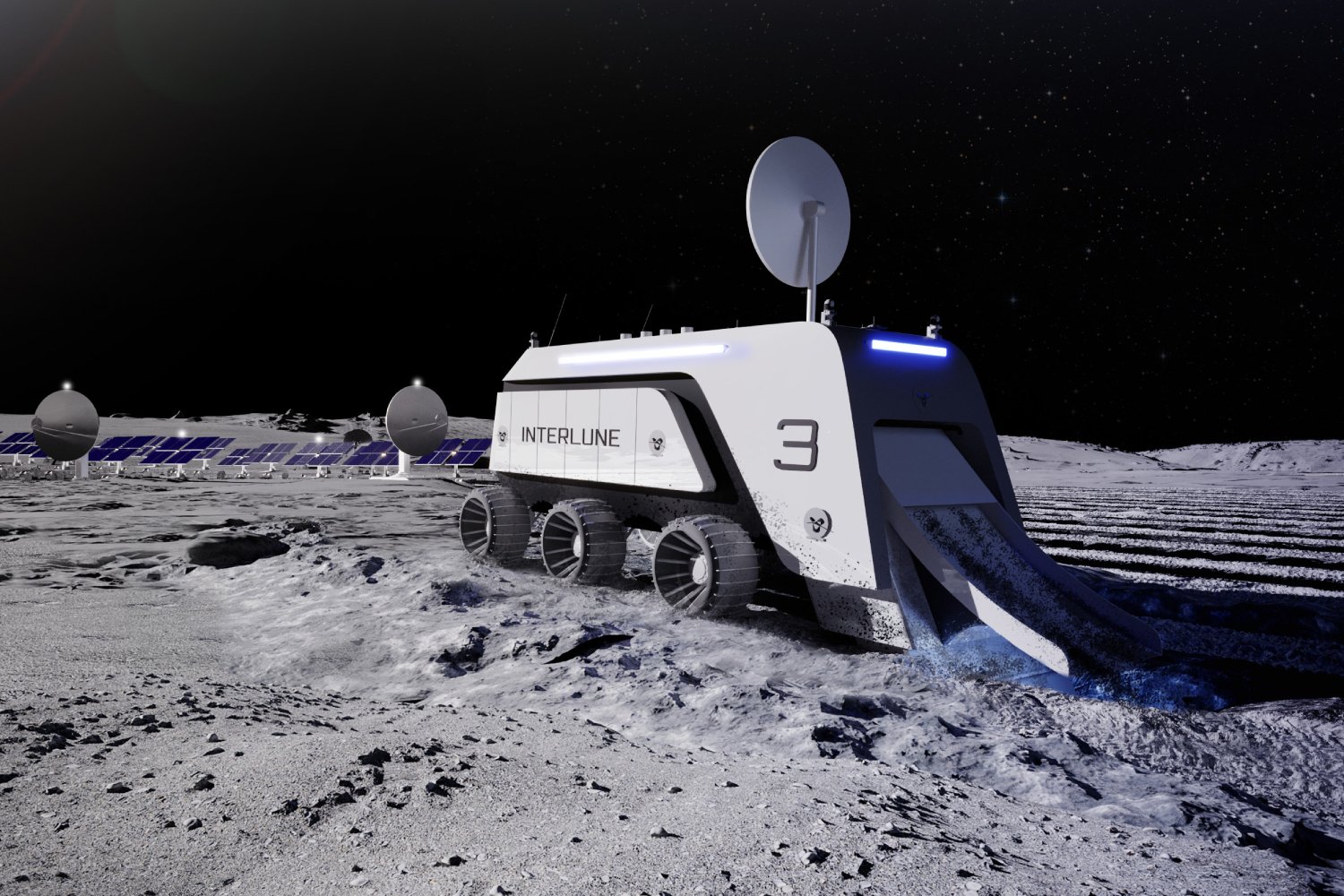 Vue d'artiste d'une machine d'Interlune à la surface lunaire. ©Interlune