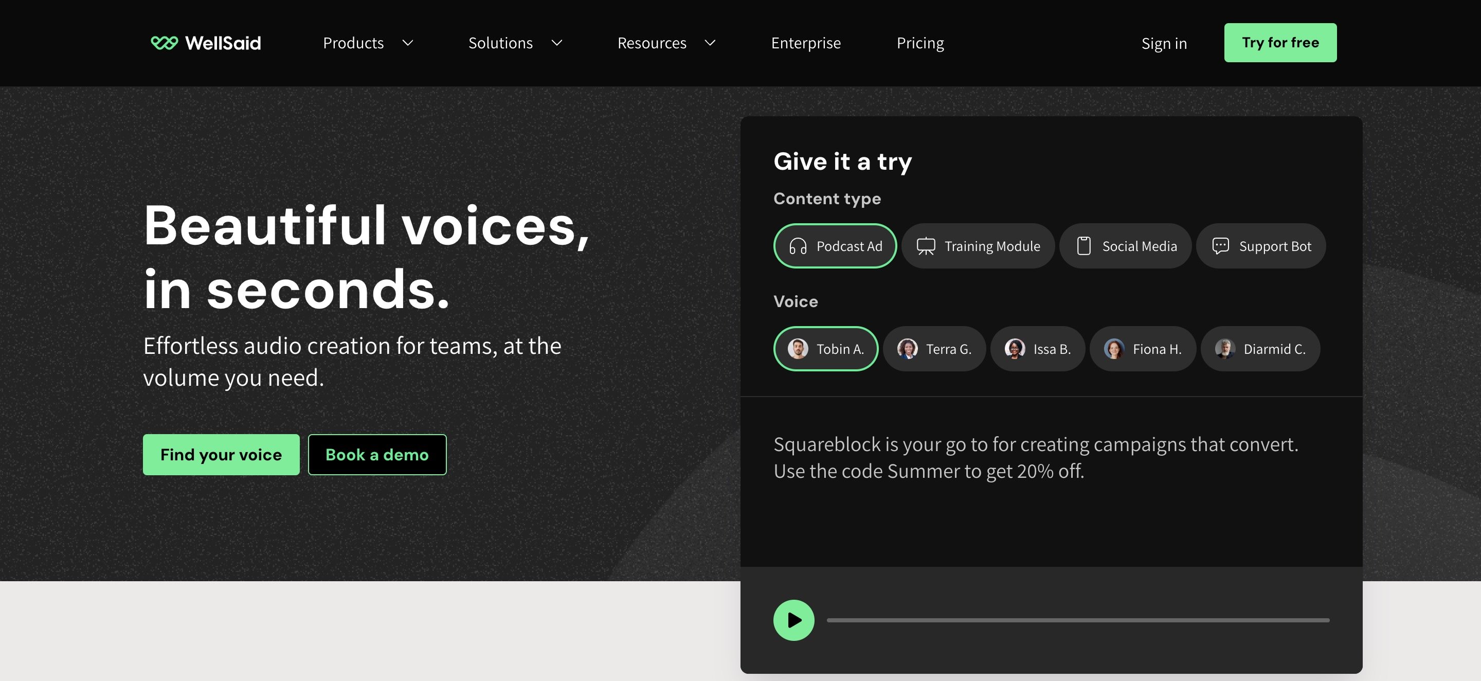 Un outil de création audio utilisant l'IA © WellSaid Inc.