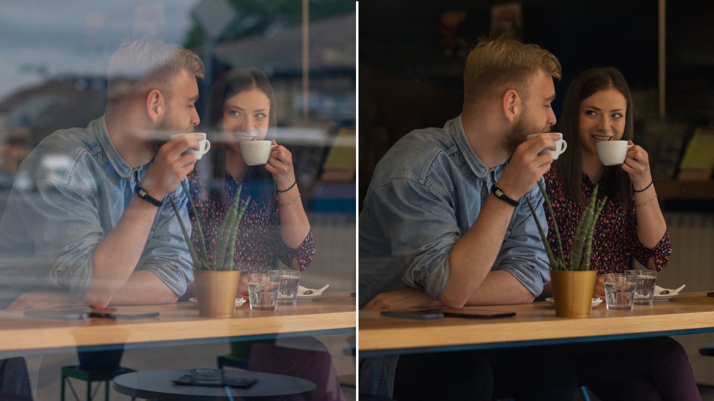 Photoshop peut désormais isoler les reflets d’une vitre dans un calque séparé pour les atténuer de façon non destructive. ©Adobe
