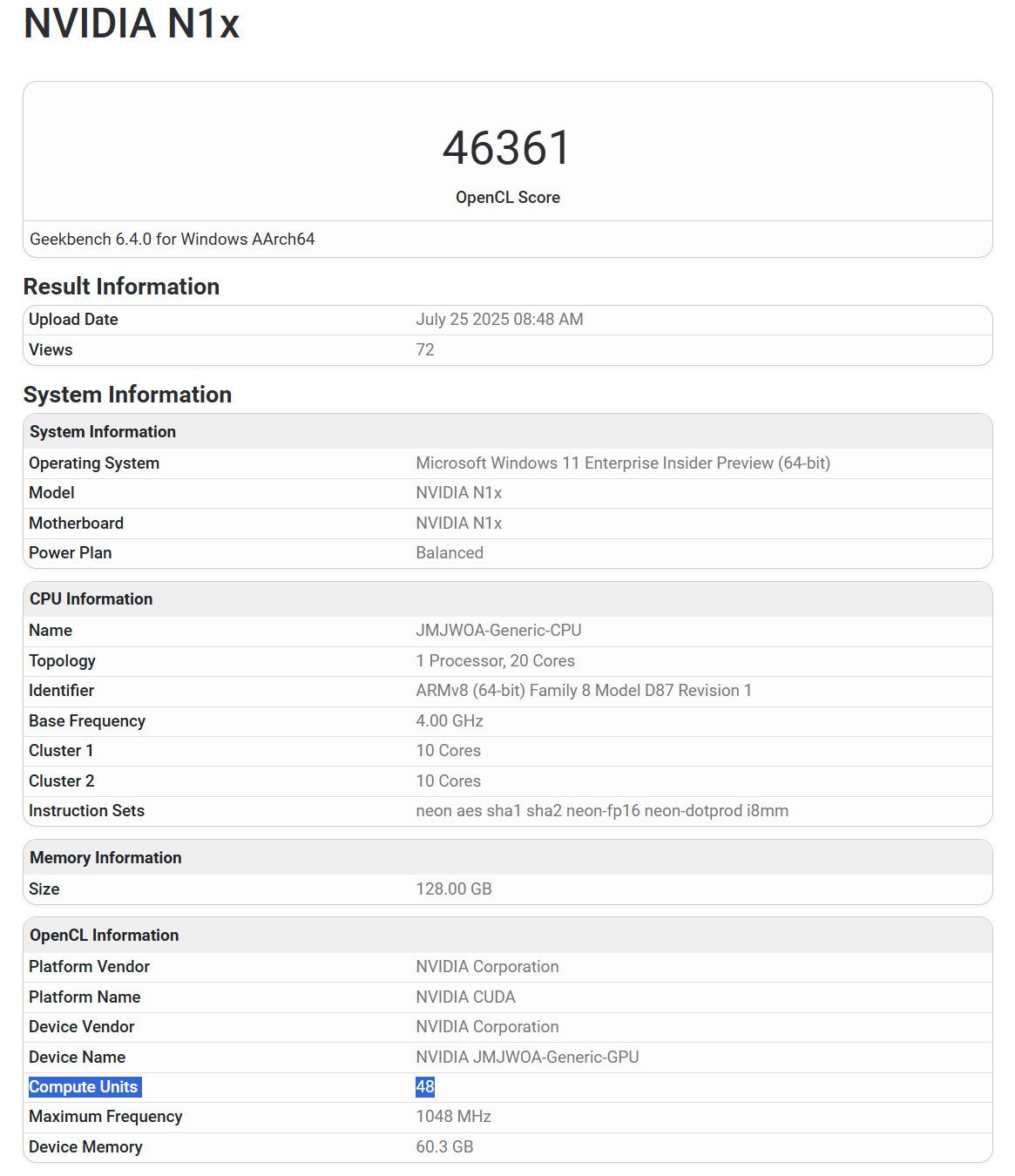 Geekbench détaille la puce NVIDIA N1X : notez les 48 unités de calcul GPU. ©VideoCardz