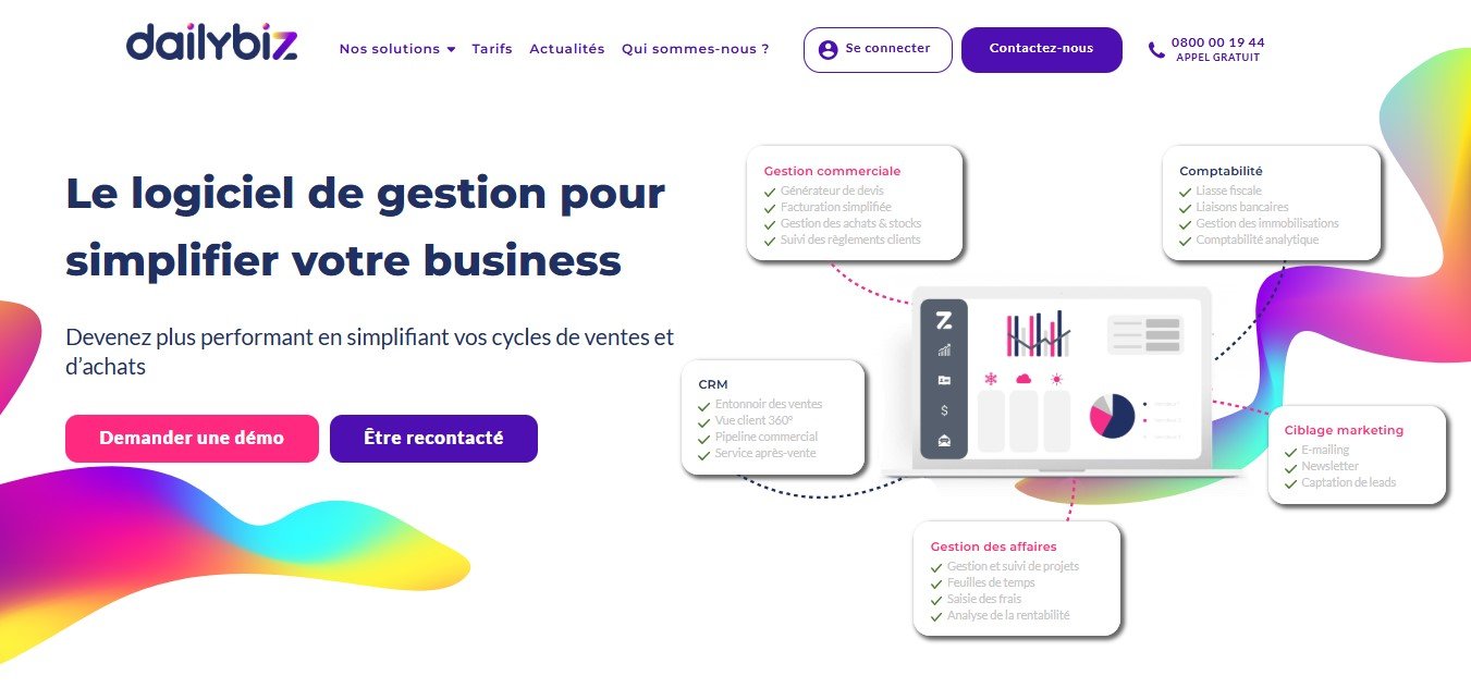 Dailybiz permet de centraliser la gestion commerciale, le CRM, la comptabilité et le pilotage des projets. L’image met en avant une interface moderne regroupant les modules clés pour simplifier les ventes, les achats et le suivi des activités.
