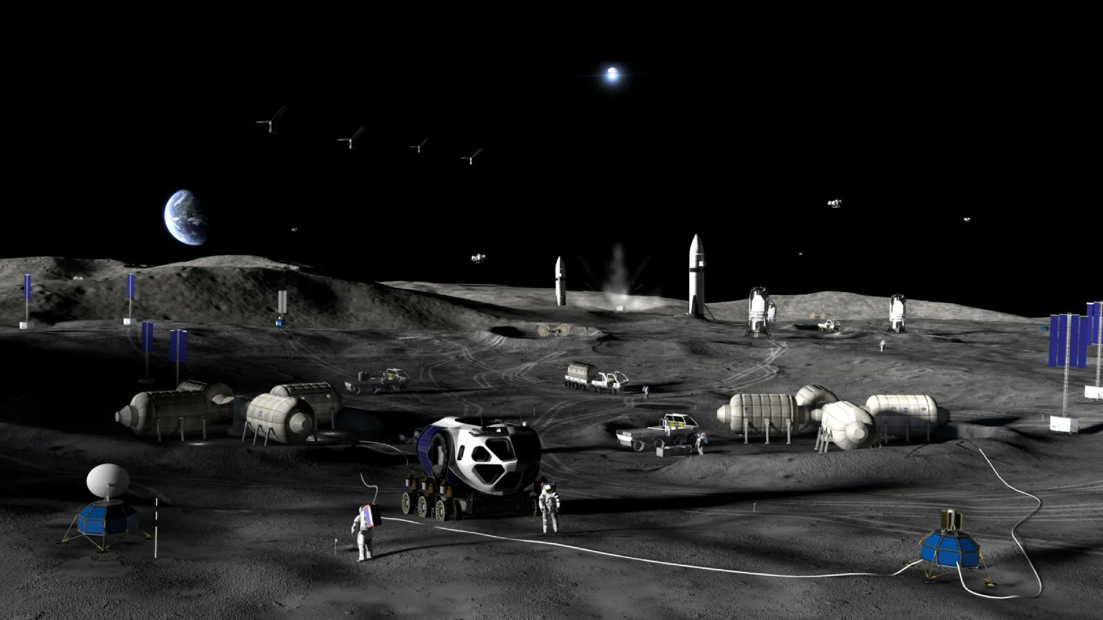 Vue d'artiste de la base lunaire de la NASA, avec des fusées Starship et des alunisseurs Blue Moon en arrière-plan. ©NASA